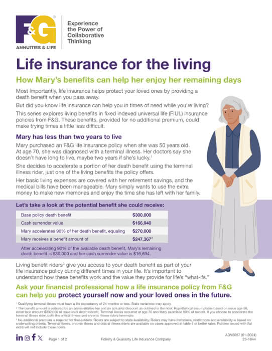 flyer for living benefits: graphic of elderly woman next to a case study summary for living benefits